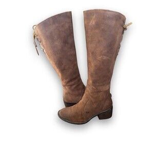 Born Felicia Brown Distressed Suede Leather Lace Back Zippered Tall Boots Size 6